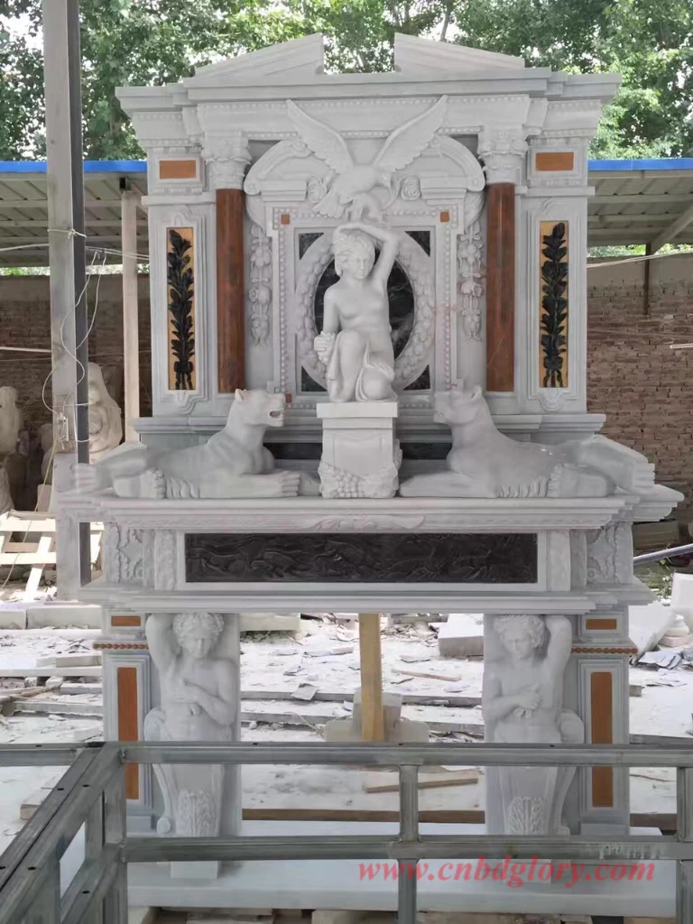 White Marble Fireplace Surround Sculpture Maker MF210 2 Double layered European beige marble fireplace