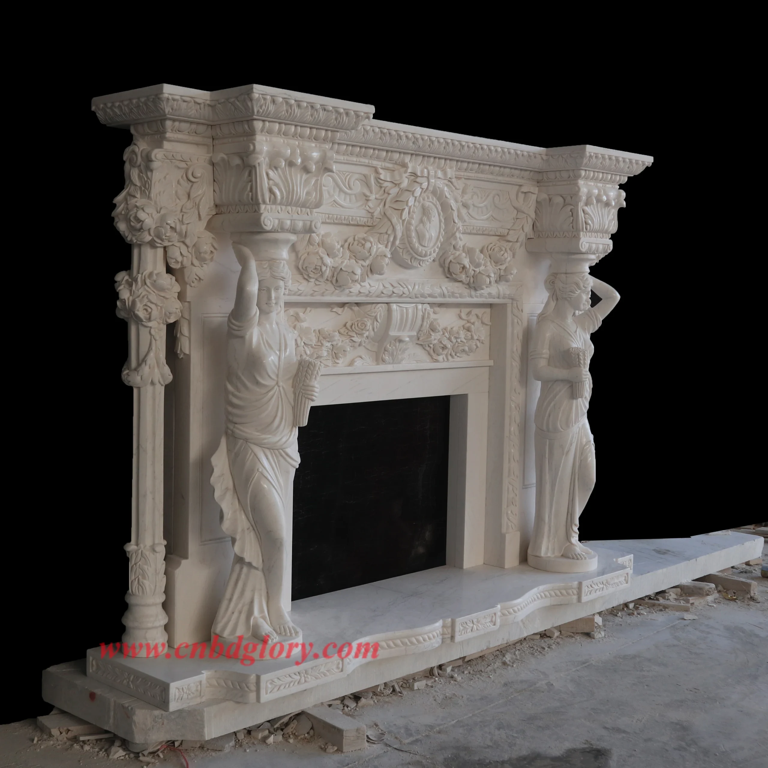 Classical Lady Statue Marble Fireplace Mantel Custom Sculpted Manufacturer Marble Fireplace