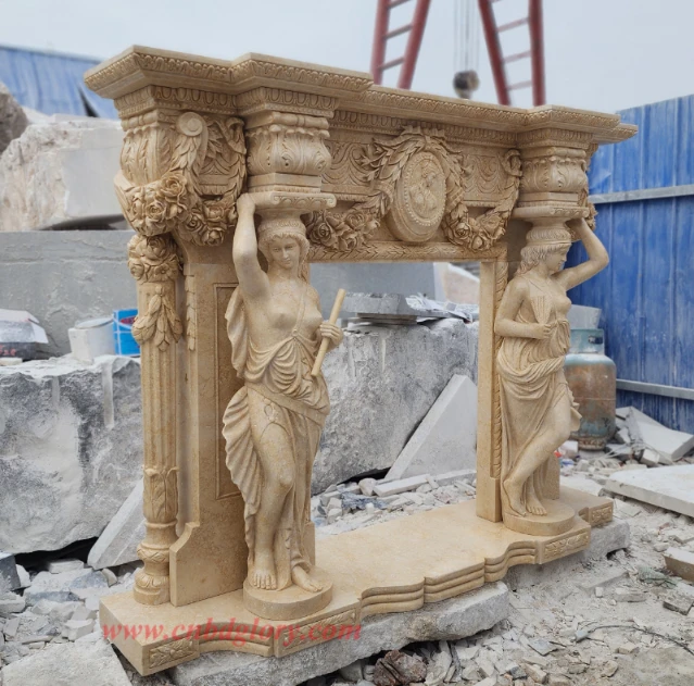 Beige Marble Statue Fireplace Mantel BMF210 2 Egyptian Beige Marble Caryatid Fireplace