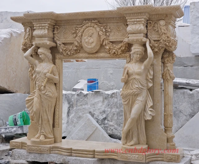 Classical Lady Statue Marble Fireplace Mantel Egyptian Beige Marble Caryatid Fireplace