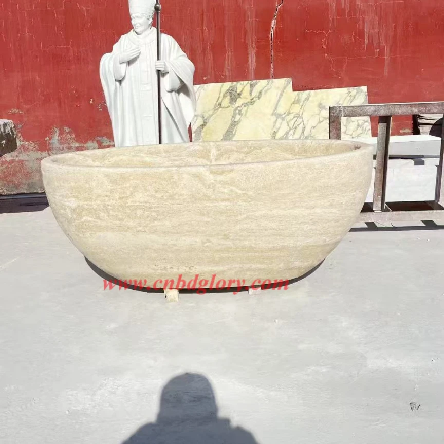 Hand-Carved Marble Freestanding Oval Bathtub OMB160 4 Hand-polished Freestanding Travertine Bathtub