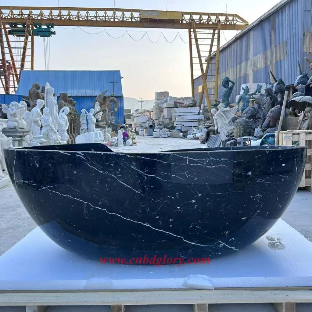 Cold Jade Marble Freestanding Bathtub High Polished Black Marquina Marble Bathtub