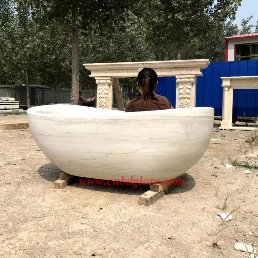 Hand-Carved Marble Freestanding Oval Bathtub