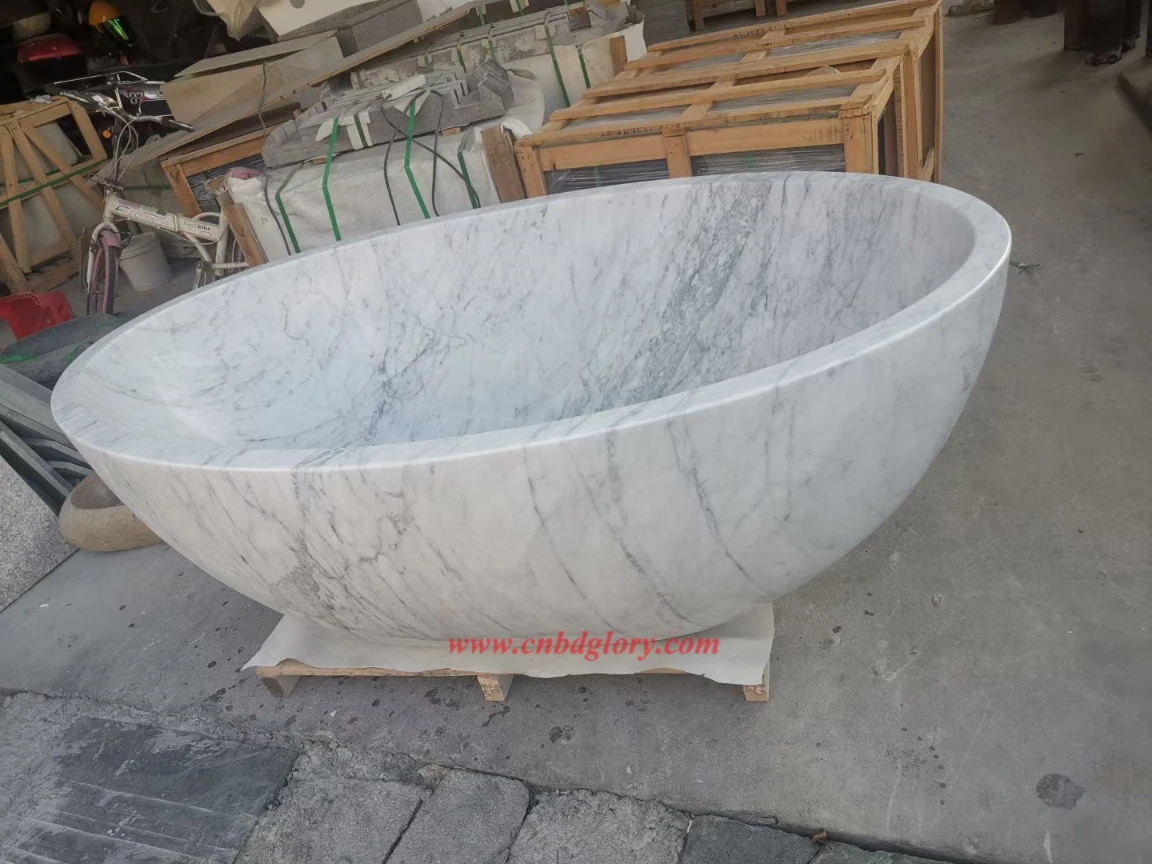Carrara-Style Polished Marble Freestanding Bathtub MFB160 3 Luxury Bathroom Freestanding Marble Bathtub