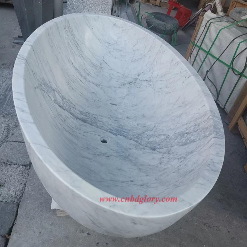 Carrara-Style Polished Marble Freestanding Bathtub MFB160 4 Carrara White Marble Oval Stone Bathtub