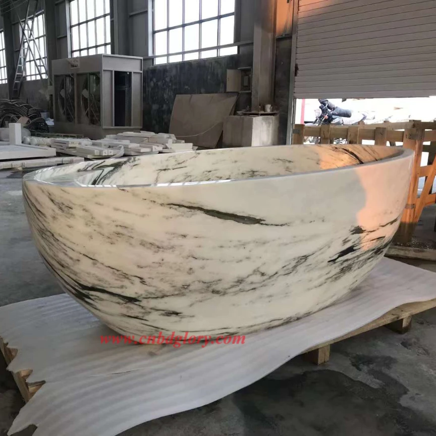 Freestanding Polished Veined Panda White Marble Bathtub