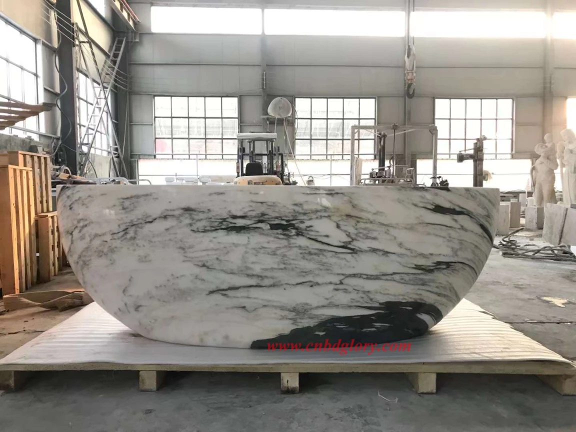 Modern Black & White Veined Marble Bathtub MMB160 2 Freestanding Polished Veined Panda White Marble Bathtub