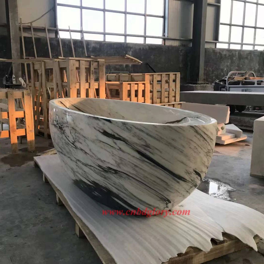 Modern Black & White Veined Marble Bathtub MMB160 3 Freestanding Polished Veined Panda White Marble Bathtub