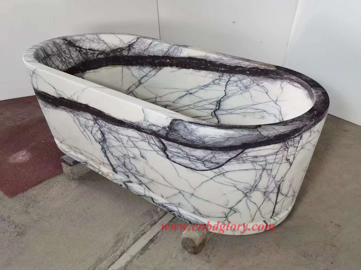 Modern Black & White Veined Marble Bathtub MMB160 4 Freestanding Polished Veined Panda White Marble Bathtub